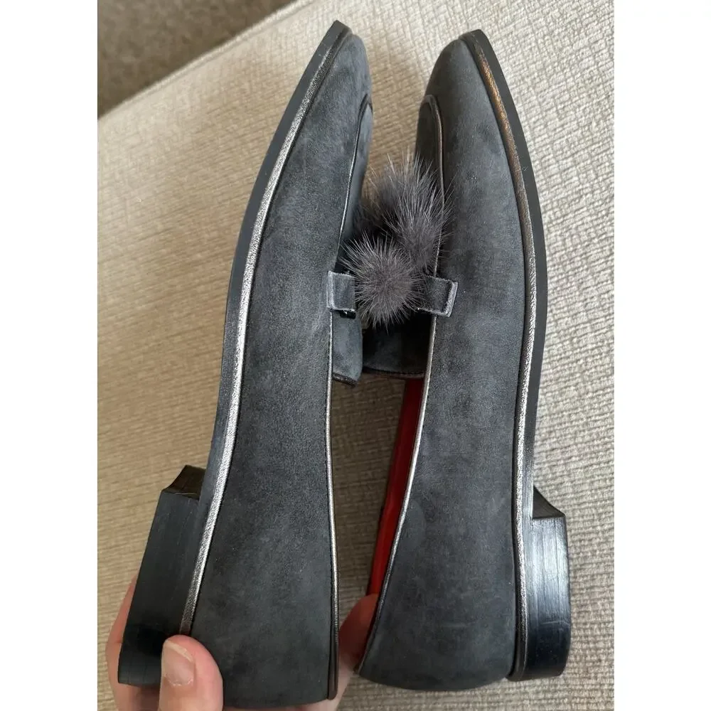 PAS DE ROUGE Lola Black Suede Dressy Loafer‎ Women's 39 US 8.5 Rabbit Fur Tassel